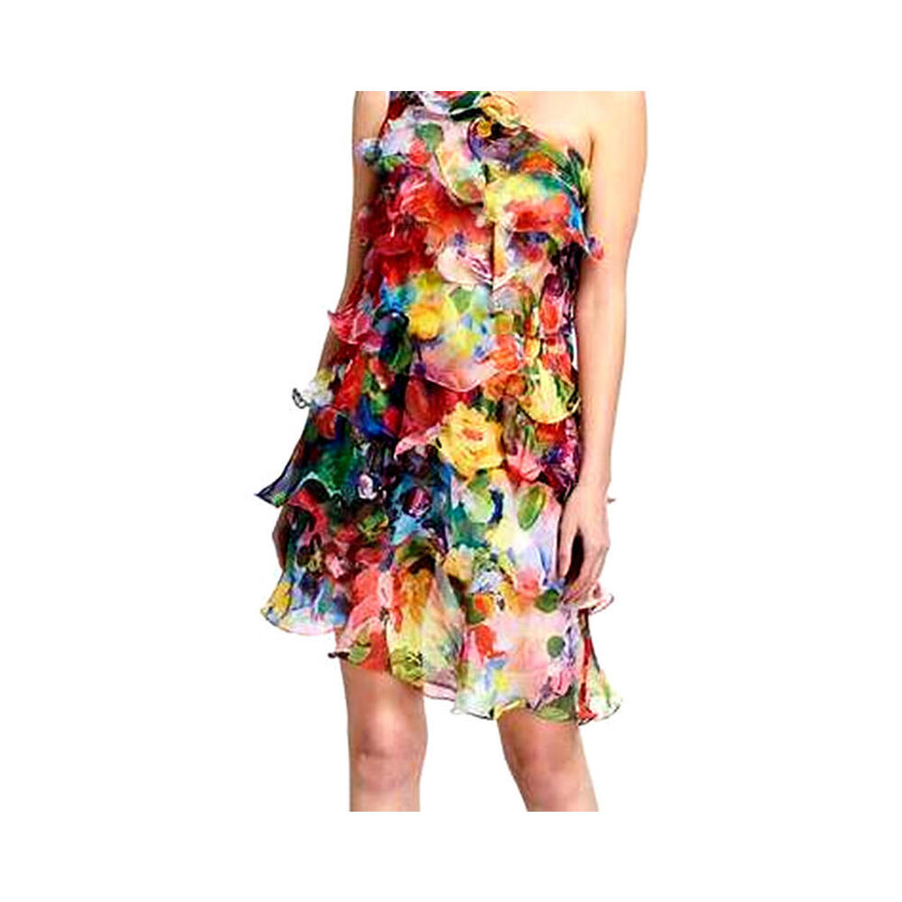 Marchesa Notte Vibrant One-Shoulder Floral Ruffle Tiered Mini silk Chiffon Dress